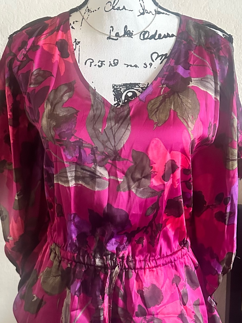 Express Fuchsia and Purple Floral V-Neck Drawstring Tunic